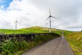 Panoramic view of wind farm or wind park, with high wind turbines for generation electricity with copy space. Royalty Free Stock Photo