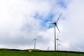 Panoramic view of wind farm or wind park, with high wind turbines for generation electricity with copy space. Royalty Free Stock Photo