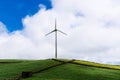 Panoramic view of wind farm or wind park, with high wind turbines for generation electricity with copy space. Royalty Free Stock Photo