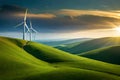 Panoramic view of wind farm or wind park, with high wind turbines for generation electricity