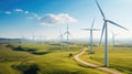 Panoramic view of wind farm or wind park with high wind turbines for generation electricity, Wind Energy And Technology, Green Royalty Free Stock Photo