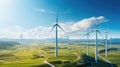 Panoramic view of wind farm or wind park with high wind turbines for generation electricity, Wind Energy And Technology, Green Royalty Free Stock Photo