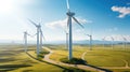 Panoramic view of wind farm or wind park with high wind turbines for generation electricity, Wind Energy And Technology, Green Royalty Free Stock Photo