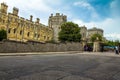 Panoramic view of Windsor castle with stone walls, buildings and towers. UK