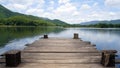 Panoramic view of Wooden bridge lake with Empty wooden floor. Royalty Free Stock Photo