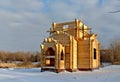Panoramic view of a wooden chapel under construction in the name of the Monk Nestor the Chronicler.