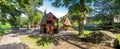 Panoramic view of wooden playground with magic houses and slide in Duthie park, Aberdeen Royalty Free Stock Photo