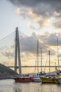 Panoramic view of the Yavuz Sultan Selim Bridge in Istanbul, Turkey. Sunset time.