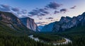 Panoramic View of Yosemite Valley at Sunset with Reflection in River Royalty Free Stock Photo