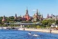 Panoramic view of Zaryadye Park, the Kremlin, St. Basil`s Cathedral and Historical Museum Royalty Free Stock Photo