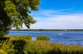 Panoramic view of Zegrzynskie Reservoir Lake and Narew river with reed and water vegetation coastline in Zegrze resort town in