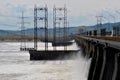 Panoramic view of the Zhigulevskaya hydroelectric power station during the spring discharge of water.