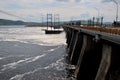 Panoramic view of the Zhigulevskaya hydroelectric power station during the spring discharge of water.