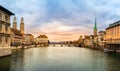 Panoramic view of Zurich city center, Switzerland. Zuerich old town with famous Fraumunster and Grossmunster Church on Royalty Free Stock Photo