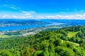 Panoramic view of Zurich lake and Alps from the top of Uetliberg mountain, from the observation platform on tower on Mt. Uetliberg Royalty Free Stock Photo