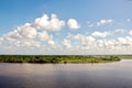 Panoramic views of the coastline on the river Neches in the day and evening time against the blue sky, clouds and sunset.