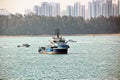 Panoramic views of the port and the city of Singapore during day and night. Kind of cargo and merchant vessels anchored. Royalty Free Stock Photo