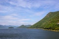 Panoramic views of reservoir,hills and blue sky at Kaeng Krachan Dam,Kaeng Krachan National Park,Phetchaburi Province, Thailand. Royalty Free Stock Photo