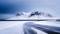 Panoramic Views Of The Road And Mountains In Iceland. Strong Winds. Wild Scenery And Dark During The Storm.