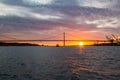 Panoramic views of the Tagus River, Bridge April 25 Lisbon and port at sunset from ship, Portugal. Royalty Free Stock Photo