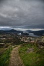 Panoramic of Vila Nova de Cerveira. Vila Nova de Cerveira, top of the mountain view over Minho River and Caminha at sunset. Royalty Free Stock Photo