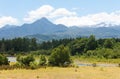 Panoramic Villarica National Park, in Conaripe, Panguipulli, with the Villarica volcano covered by the clouds. Los Rios Region, in Royalty Free Stock Photo