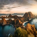 Panoramic warm view at top of Padar Island in sunrise late morning from Komodo Island, Komodo National Park, Labuan Bajo Royalty Free Stock Photo