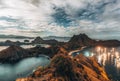 Panoramic warm view at top of Padar Island in sunrise late morning from Komodo Island, Komodo National Park, Labuan Bajo Royalty Free Stock Photo