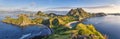 Panoramic warm view at top of `Padar Island` in sunrise late morning from Komodo Island, Komodo National Park, Labuan Bajo, Flor Royalty Free Stock Photo