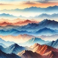 Panoramic watercolor painting illustrating a dynamic range of mountains with rich sunrise hues of blue, orange, and pink