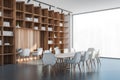 Panoramic white and grey office with bookcase and table. Corner view Royalty Free Stock Photo