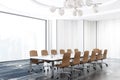 Panoramic white meeting room, black table