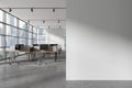 Panoramic white open space office interior with blank wall Royalty Free Stock Photo