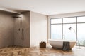 Panoramic white and wooden bathroom corner, tub and shower Royalty Free Stock Photo