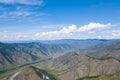 panoramic wide banner view of a Chike-Taman pass in the Altai mountains with green trees, Blue sky and clouds Royalty Free Stock Photo