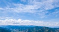 panoramic wide banner view of a Chike-Taman pass in the Altai mountains with green trees, Blue sky and clouds Royalty Free Stock Photo