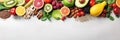 Panoramic wide organic healthy food background. Healthy vegan vegetarian food vegetables and fruits, copy space, banner Royalty Free Stock Photo