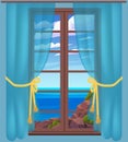 Panoramic window with curtains. View on seashore, natural area. Seascape with rocks behind glass