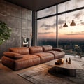 Panoramic window and terra cotta leather sofa in apartment. Interior design of modern living room