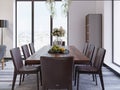 Panoramic windows in luxury dining room with wooden table and leather chairs next to showcase and designer hanging lamps Royalty Free Stock Photo