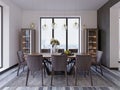 Panoramic windows in luxury dining room with wooden table and leather chairs next to showcase and designer hanging lamps Royalty Free Stock Photo