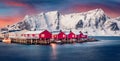 Panoramic winter cityscape of small fishing town - Hamnoy, Norway, Europe