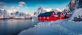 Panoramic winter cityscape of small fishing town - Hamnoy, Norway, Europe Royalty Free Stock Photo