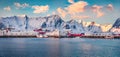 Panoramic winter cityscape of small fishing town - Hamnoy, Norway, Europe. Royalty Free Stock Photo