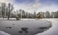 Panoramic winter landscape in snowy park with beautiful small frozen lake and covered in snow tress