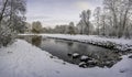 Panoramic winter landscape in snowy park with beautiful small pond and covered in snow trees Royalty Free Stock Photo