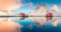 Panoramic winter sunrise on small fishing village - Ramberg, Lofoten Islands, Norway Royalty Free Stock Photo