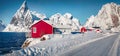 Panoramic winter view of Hamnoy village, Lofoten Islands. Frosty morning seascape of Norwegian sea. Royalty Free Stock Photo