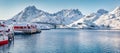 Panoramic winter view of small fishing village - Molnarodden with Kakernbrua bridge Royalty Free Stock Photo