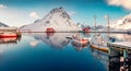 Panoramic winter view of small fishing village - Ramberg, Lofoten Islands, Norway, Europe Royalty Free Stock Photo